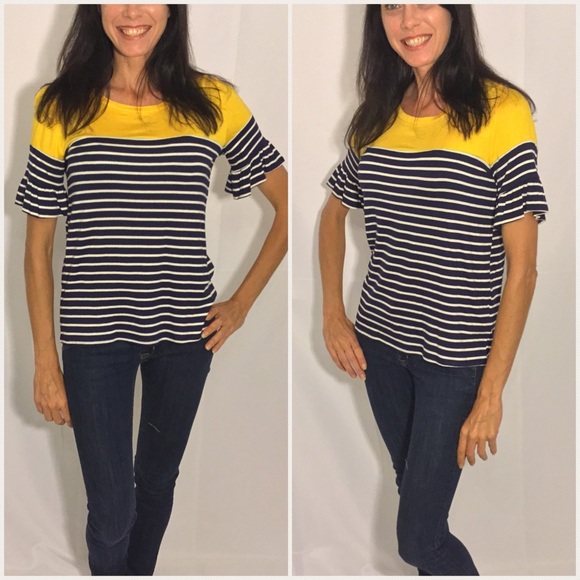 Small or Medium Left! Mustard & Navy Striped Shirt - Picture 2 of 3